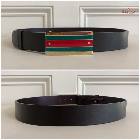 Authentic Gucci Brown Leather Gold-Edged Iconic Red/Green Web Buckle Belt 85/34 - Picture 6 of 13